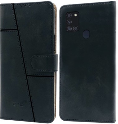SnapStar Flip Cover for Samsung Galaxy A21s(Premium Leather Material | Built-in Stand | Card Slots and Wallet)(Black, Dual Protection, Pack of: 1)