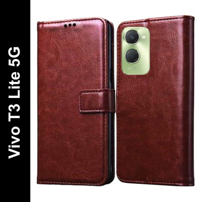 Wristlet Flip Cover for Vivo Y28s 5G, Vivo Y28e 5G, Vivo T3 Lite 5G(Brown, Cases with Holder, Pack of: 1)