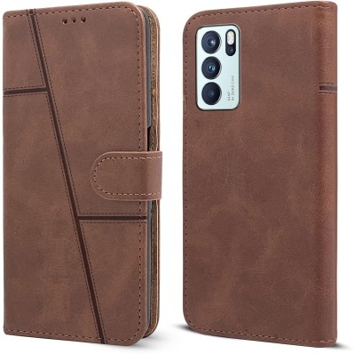 SnapStar Flip Cover for Oppo Reno 6 Pro(Premium Leather Material | Built-in Stand | Card Slots and Wallet)(Brown, Dual Protection, Pack of: 1)