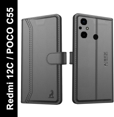 AIBEX Flip Cover for Xiaomi Redmi 12C / Poco C55|Vegan PU Leather |Foldable Stand & Pocket(Black, Cases with Holder, Pack of: 1)