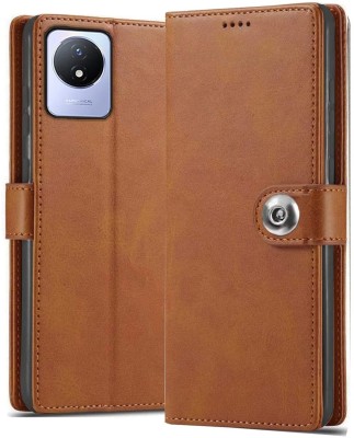 ANTAL Wallet Case Cover for Jannid Designer Button Leather Flip Cover for Vivo Y02 - Brown(Brown, Magnetic Case, Pack of: 1)