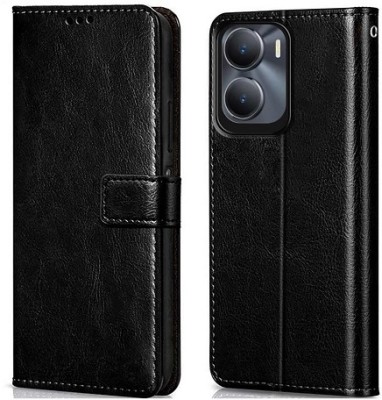 AKSP Flip Cover for Vivo Y16 Genuine Leather Finish(Black, Dual Protection, Pack of: 1)
