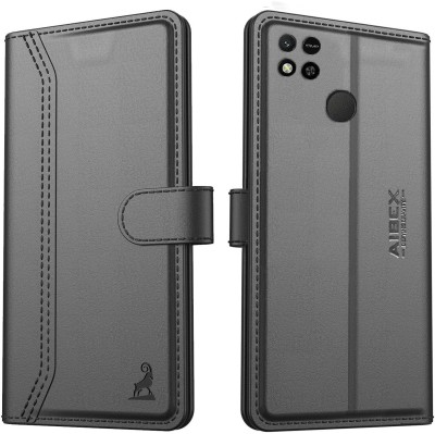 AIBEX Flip Cover for Xiaomi Redmi 10A|Vegan PU Leather |Foldable Stand & Pocket |Magnetic Closure(Black, Cases with Holder, Pack of: 1)