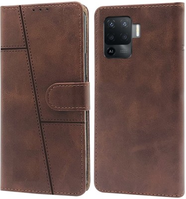 SnapStar Flip Cover for Oppo F19 Pro(Premium Leather Material | Built-in Stand | Card Slots and Wallet)(Brown, Dual Protection, Pack of: 1)