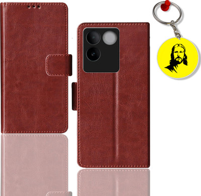 HANIRY Flip Cover for Vivo T2 Pro 5G pouch cover | Vivo V2321 pouch cover | Jesus Keychain | Brown(Brown, Magnetic Case, Pack of: 1)
