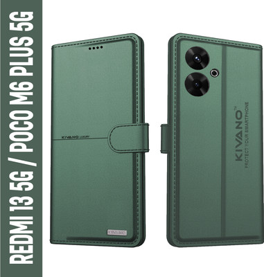 KIVANO Flip Cover for Poco M6 Plus 5G / Redmi 13 5G| Luxurious Design | Handcrafted Unique | Vegan(Green, Cases with Holder, Pack of: 1)