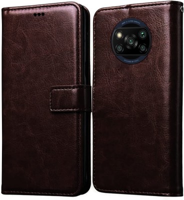 Never Late Flip Cover for Mi Poco X3(Brown, Grip Case, Pack of: 1)