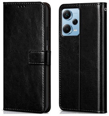 AKSP Flip Cover for Redmi Note 12 Pro 5G Genuine Leather Finish & Designer Button(Black, Dual Protection, Pack of: 1)
