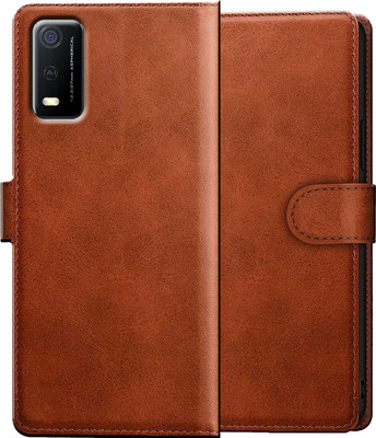 PFOAM Flip Cover for VIVO Y3S |Vegan PU Leather |Foldable Stand & Pocket |Magnetic Closure(Brown, Dual Protection, Pack of: 1)
