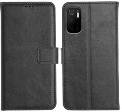 AKSP Flip Cover for Poco M3 Pro (5G) Genuine Leather Finish & Designer Button(Black, Dual Protection, Pack of: 1)