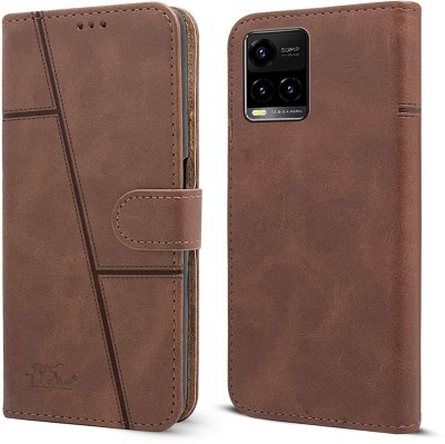 NIMMIKA ENTERPRISES Flip Cover for Vivo Y21 2021/Y33S(Premium leather material | 360-degree protection | Stand function)(Brown, Dual Protection, Pack of: 1)