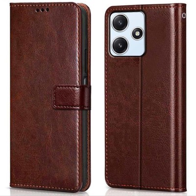icall Flip Cover for Mi Redmi 12 5G, Poco M6 Pro 5G (Flexible | Leather Finish | Card Pockets Wallet & Stand(Brown, Magnetic Case, Pack of: 1)