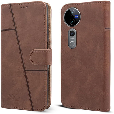 NIMMIKA ENTERPRISES Flip Cover for Vivo V40 Pro 5G(Premium Leather Material | 360-degree protection | Kickstand Feature)(Brown, Dual Protection, Pack of: 1)