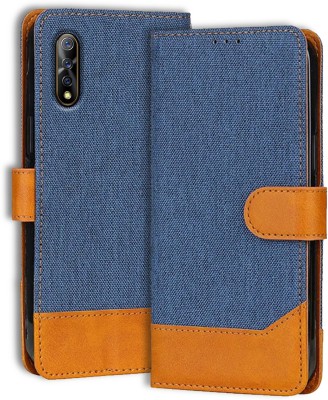 Genron Flip Cover for Vivo S1 | Denim & Vegan PU Leather | Built In Stand & Pocket | Magnetic Closure(Blue, Cases with Holder, Pack of: 1)