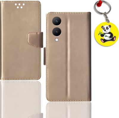 HANIRY Flip Cover for Vivo Y28 5G pouch cover | V2315 pouch cover | Free Panda Keychain | ND_11(Gold, Magnetic Case, Pack of: 1)