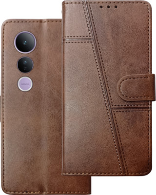 SUPER-ME Flip Cover for VIVO V50 LITE 5G Heavy Magnet | Scratch-Free Vegan Leather | 3 Pockets | Extra Durable(Brown, Dual Protection, Pack of: 1)