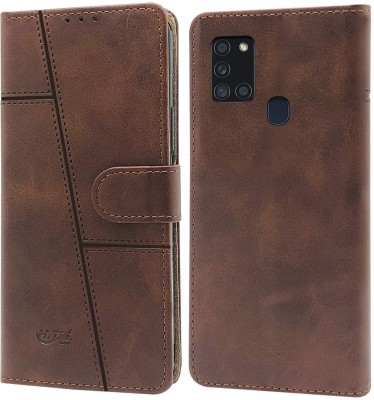 spaziogold Flip Cover for Samsung Galaxy A21s(Premium Leather Material | Built-in Stand | Card Slots and Wallet)(Brown, Dual Protection, Pack of: 1)