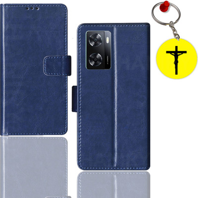 HANIRY Flip Cover for OPPO A57 2022 flip case | CPH2387 flip cover | Free Jesus Cross Keychain | Blue(Blue, Pack of: 1)