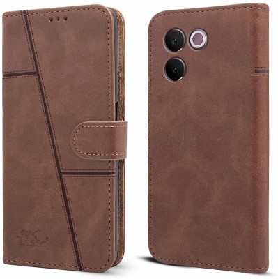 NIMMIKA ENTERPRISES Flip Cover for Vivo V30E 5G(Premium Leather Material | 360-degree protection | Kickstand Feature)(Brown, Dual Protection, Pack of: 1)