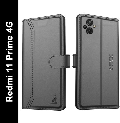 AIBEX Flip Cover for Xiaomi Redmi 11 Prime 4G|Vegan PU Leather |Foldable Stand & Pocket(Black, Cases with Holder, Pack of: 1)