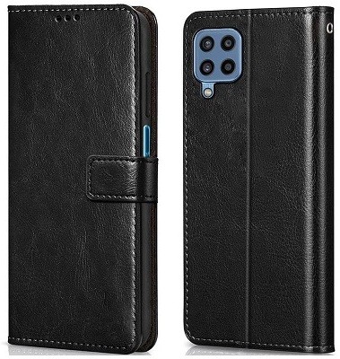 AKSP Flip Cover for Samsung Galaxy M32 (4G) Genuine Leather Finish & Designer Button(Black, Dual Protection, Pack of: 1)