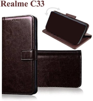 Openbuy Flip Cover for Realme C33, Realme C33 2023(Brown, Magnetic Case, Pack of: 1)
