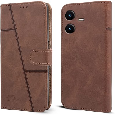 Rwm Flip Cover for Vivo Y22s (Premium leather material | Card slots and pockets | 360-degree protection)(Brown, Dual Protection, Pack of: 1)