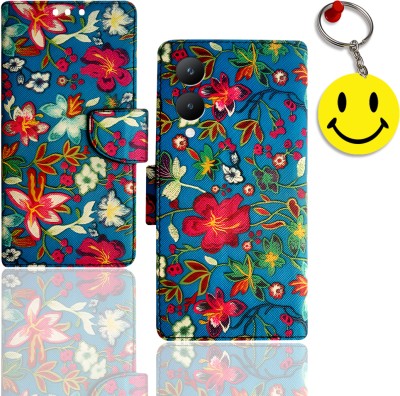 HANIRY Flip Cover for Vivo Y28 5G pouch cover | V2315 pouch cover | flower | Free Smiley Keychain | ND_04(Multicolor, Magnetic Case, Pack of: 1)