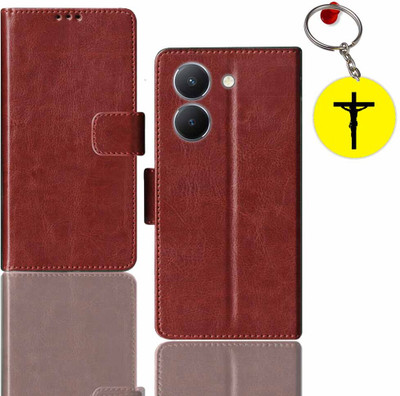 HANIRY Flip Cover for Vivo Y36 5G flip case | V2247 flip cover | Free Jesus Cross Keychain | Brown(Brown, Magnetic Case, Pack of: 1)