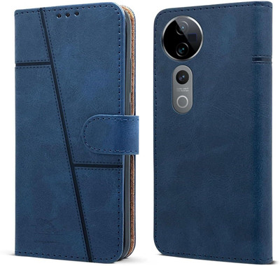 MobieGenie Flip Cover for Vivo V40 Pro 5G (Premium Leather Material | 360-degree protection | Stand function)(Blue, Dual Protection, Pack of: 1)