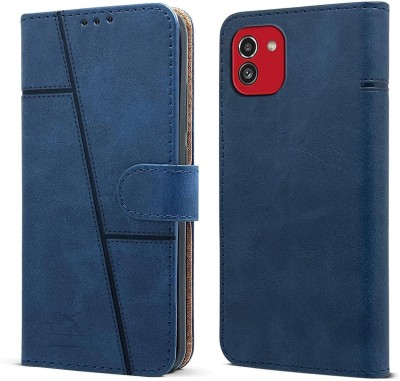 spaziogold Flip Cover for Samsung A03s(Premium Leather Material | Built-in Stand | Card Slots and Wallet)(Blue, Dual Protection, Pack of: 1)