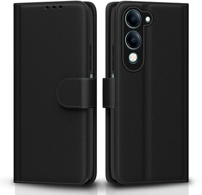 STARFLIP Flip Cover for Vivo Y19e/Y04 4G/Y29s 5G Leather Finish|TPU with Card Pockets|Wallet Stand & Shock Proof(Black, Magnetic Case, Pack of: 1)