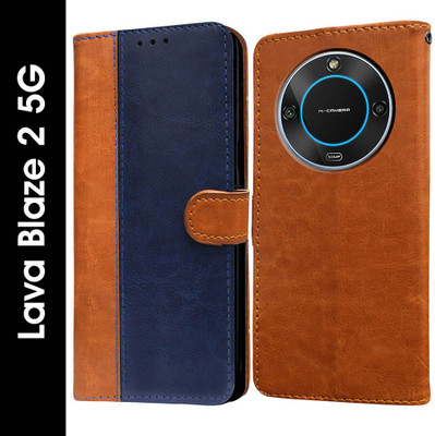 Flipkart SmartBuy Flip Cover for Lava Blaze 2 5G(Blue, Brown, Pack of: 1)