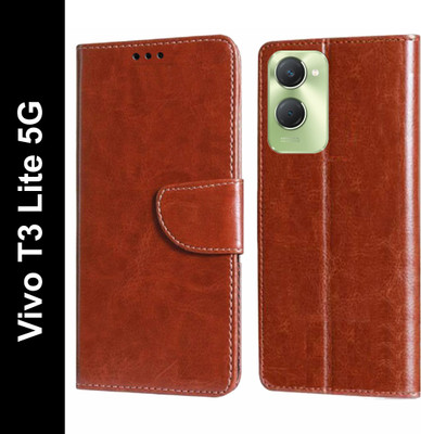 Wristlet Flip Cover for Vivo Y28s 5G, Vivo Y28e 5G, Vivo T3 Lite 5G(Brown, Dual Protection, Pack of: 1)