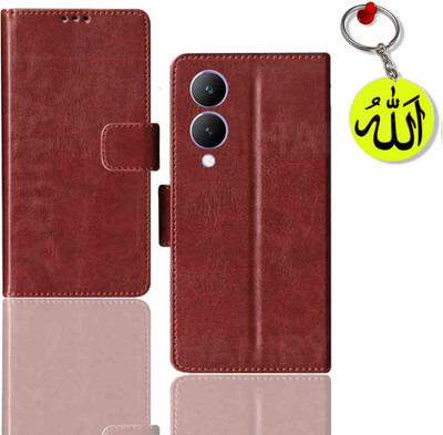 HANIRY Flip Cover for Vivo Y17s pouch case | V2310 pouch case | Free Allah Keychain | Brown(Brown, Magnetic Case, Pack of: 1)