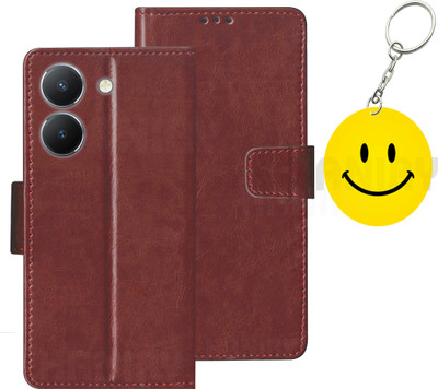 HANIRY Flip Cover for Vivo Y36 5G mobile flip cover | V2247 mobile flip cover | Free Smiley Keychain | Brown(Brown, Dual Protection, Pack of: 1)