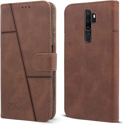NIMMIKA ENTERPRISES Flip Cover for Oppo A9 2020(Premium leather material | 360-degree protection | Card slots and pockets)(Brown, Dual Protection, Pack of: 1)