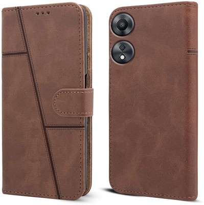 SnapStar Flip Cover for Oppo A58 5G(Premium Leather Material | Built-in Stand | Card Slots and Wallet)(Brown, Dual Protection, Pack of: 1)