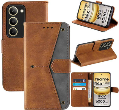 Mashgul Flip Cover for Realme 14x 5G(Brown, Shock Proof, Pack of: 1)