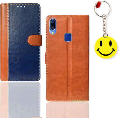 HANIRY Flip Cover for Vivo Y95 pouch cover | 1807 pouch cover | Free Smiley Keychain | Blue, Brown(Blue, Magnetic Case, Pack of: 1)
