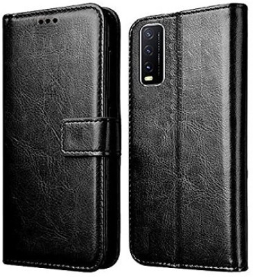 AKSP Flip Cover for Vivo Y20G Genuine Leather Finish & Designer Button(Black, Dual Protection, Pack of: 1)