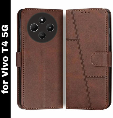 MobieGenie Flip Cover for Vivo T4 5G (Premium Leather Material | 360-degree Protection | Stand function)(Brown, Dual Protection, Pack of: 1)