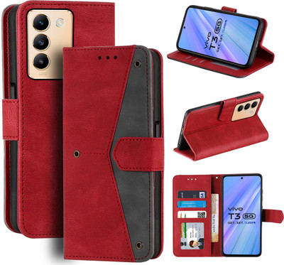 Unistuff Flip Cover for Vivo T3 5G(Red, Camera Bump Protector, Pack of: 1)