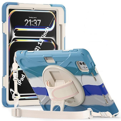 Proelite Front & Back Case for iPad Pro 13 inch 2024 Case, Rugged 3 Layer Armor case Cover Pencil Holder, Shoulder Strap(Blue)