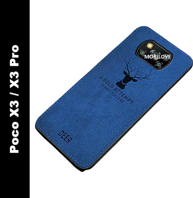 MOBILOVE Back Cover for Poco X3 / Poco X3 Pro | Deer Pattern Cloth Texture Leather Finish Soft Fabric Case(Blue, Camera Bump Protector, Pack of: 1)