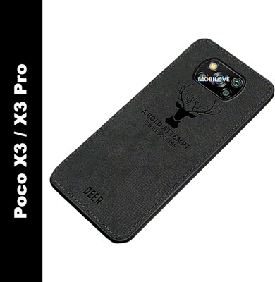 MOBILOVE Back Cover for Poco X3 / Poco X3 Pro | Deer Pattern Cloth Texture Leather Finish Soft Fabric Case(Black, Camera Bump Protector, Pack of: 1)