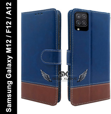 SESS XUSIVE Flip Cover for Samsung Galaxy M12 / F12 / A12 -Dual-Color Leather Finish Wallet - Blue & Brown(Multicolor, Dual Protection)