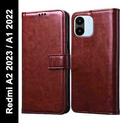 Wristlet Flip Cover for Mi A1, Redmi A1 2022, Redmi A2 2023(Brown, Cases with Holder, Silicon, Pack of: 1)