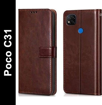 Chaseit Flip Cover for Poco C31(Brown, Shock Proof, Pack of: 1)