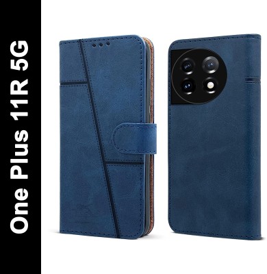 NIMMIKA ENTERPRISES Flip Cover for Oneplus 11R 5G(Premium leather material | Card slots and pockets | 360-degree protection)(Blue, Dual Protection, Pack of: 1)